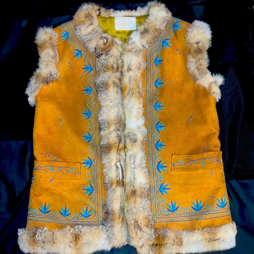 Vintage 1970’s embroidered suede vest w/ rabbit fur trim custom made Hippie Boho